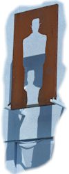 La sculpture qui orne la faade du btiment principal du site Magritte